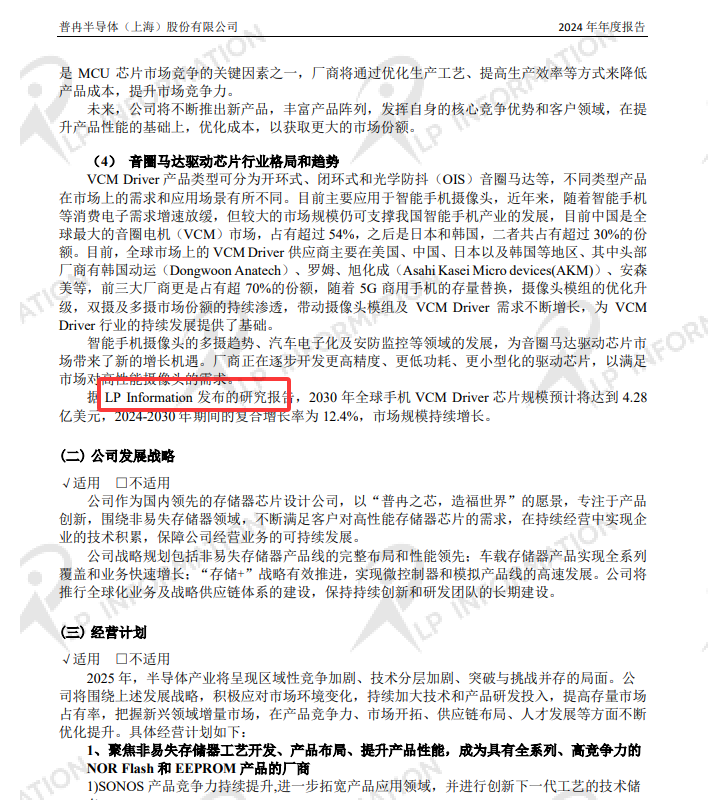普冉半导体（上海）股份有限公司2024 年年度报告中引用了LP Information发布的【全球手机 VCM Driver 芯片市场调研报告】的数据