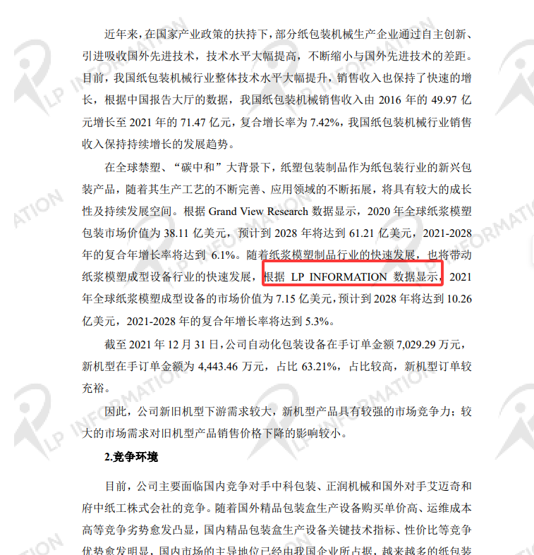 广东鸿铭智能股份有限公司关于广东鸿铭智能股份有限公司申请首次公开发行股票并在创业板上市的审核中心意见落实函的回复中引用了LP Information 发布的<全球纸浆模塑成型设备报告>中的数据