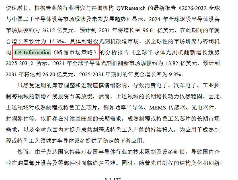 广东中图半导体科技股份有限公司在首次公开发行股票并在科创板上市申请文件的审核问询函中引用了路亿市场策略(LP Information)发布的【全球半导体光刻机翻新增长趋势】报告中的数据